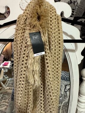 F&F Chunky Knit Scarf with Faux Fur Trim - Camel/Tan